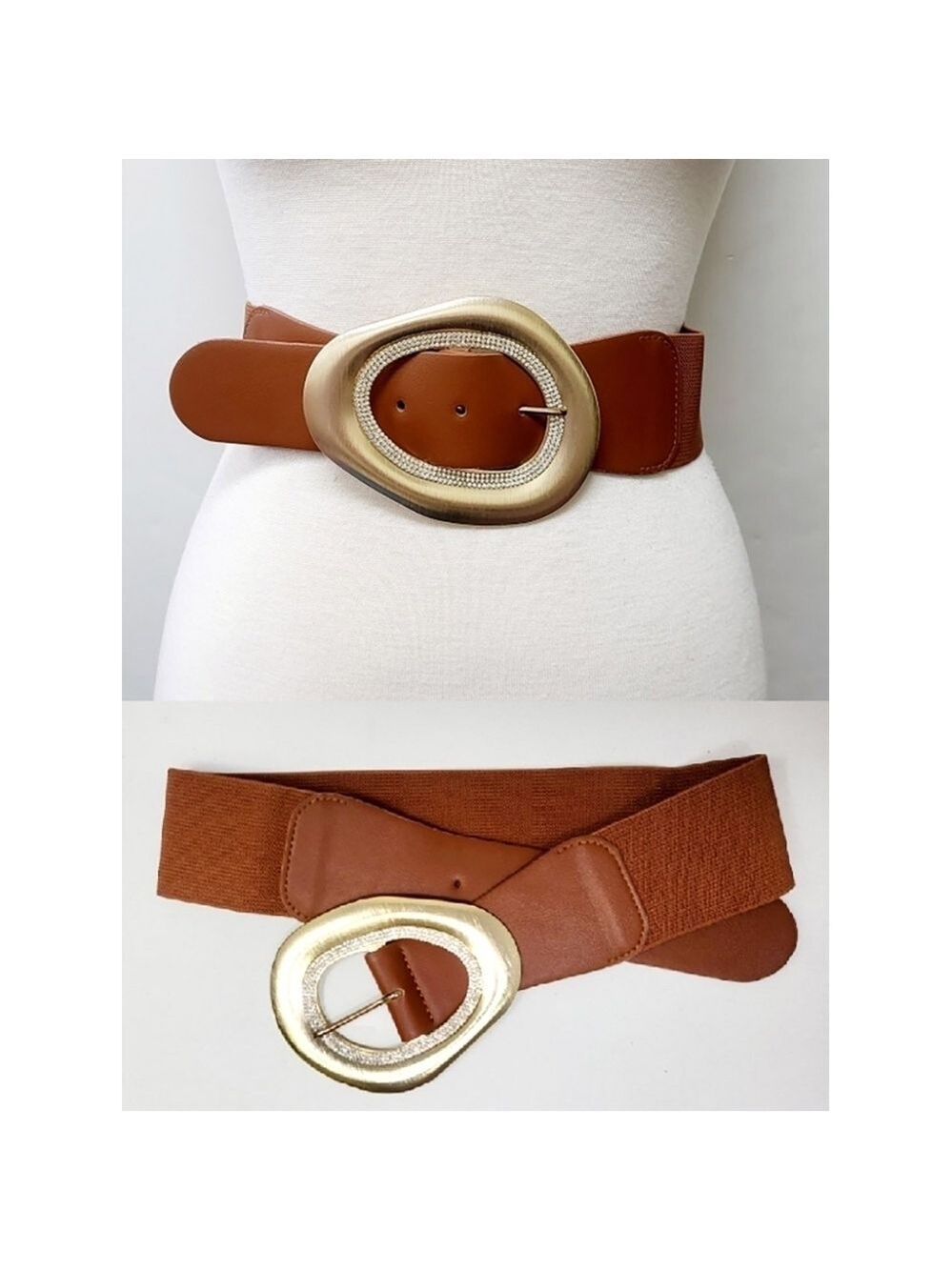 NEW Brown Stone Paved Abstract Golden Oval Buckle Elastic Belt